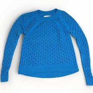 Loft Women's Sweater Blue Size XS Crewneck Pointelle Eyelet Knit Cotton Blend